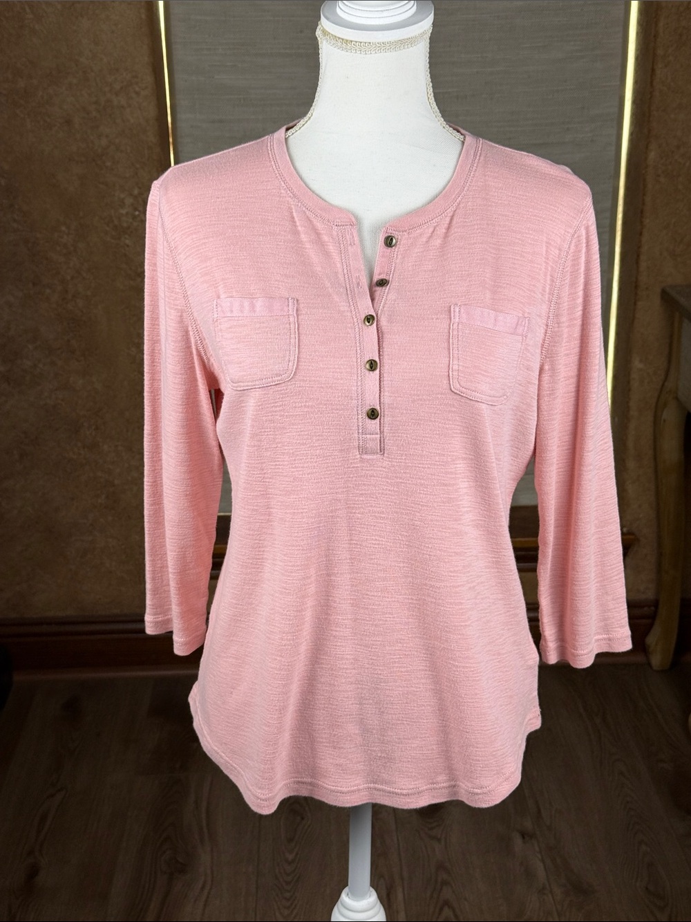 Chaps Henley 3/4 Sleeve Soft Peachy Pink